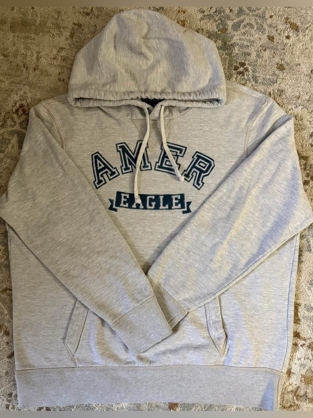 American Eagle Outfitters Light Gray Hoodie with Navy Graphic